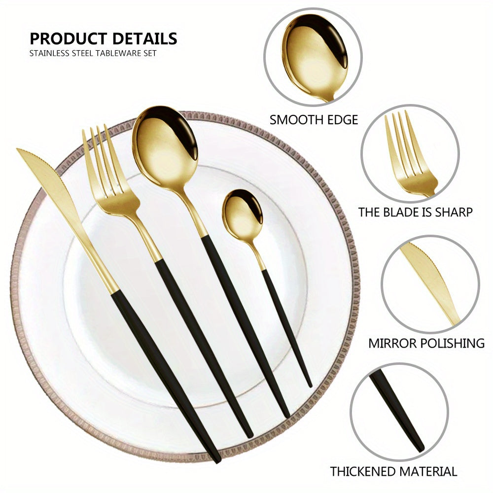 24pcs Stainless Steel Tableware Set, 6-Person Dinnerware Set (Black Golden), Includes Dinner Knife, Fork, Spoon, Coffee Spoon, Mirror Polished Cutlery Set, Suitable for Family Gatherings and Hotel Restaurant Use