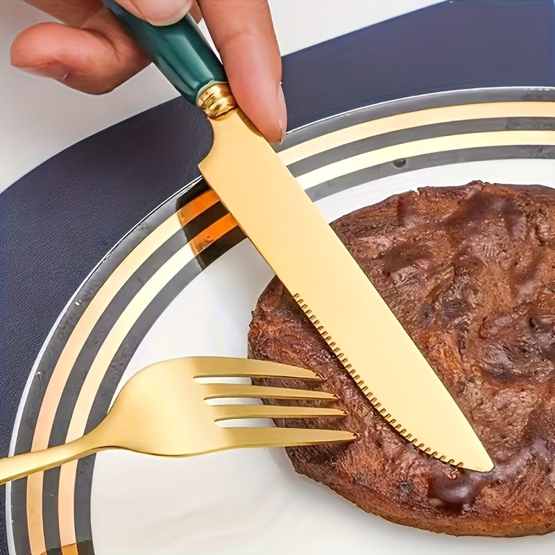 [Ideal Gift] 24pcs Stainless Steel Flatware Set with Steak Knife Holder - Elegant Modern Nordic Dark Green - Heavy Duty 304 Stainless Steel, Durable and Smooth Surface, Ideal Gift Box for Home and Hotel Dining - Complete Cutl