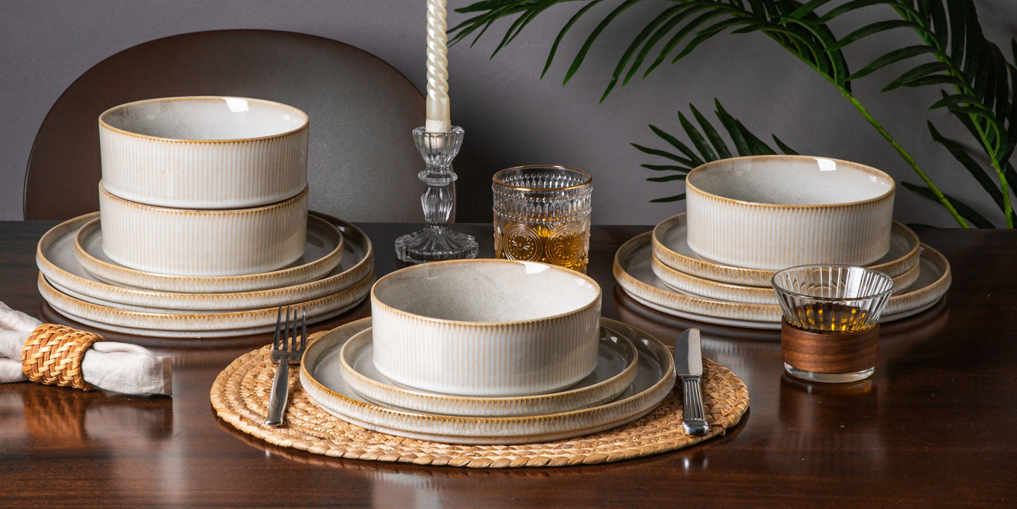 Striped Cream Beige Reactive Glaze Dinnerware Set (12-Piece Ceramic Stoneware)