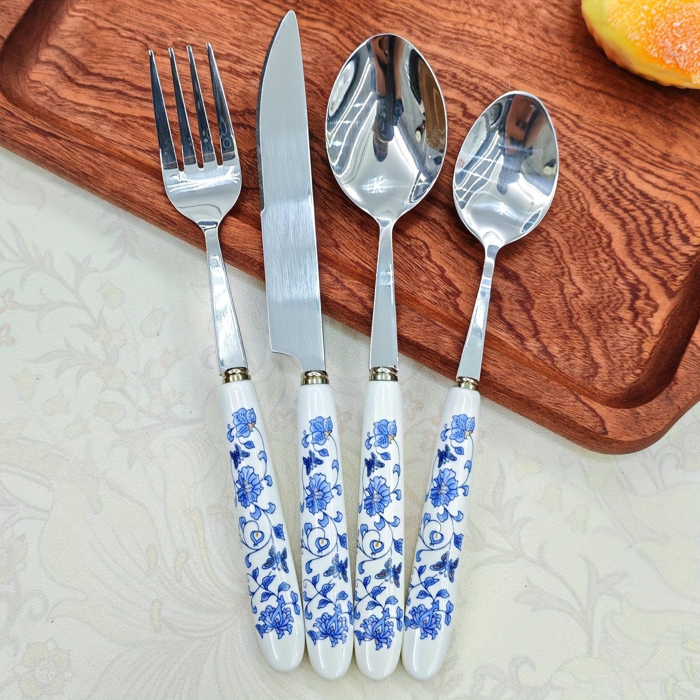4/24pcs Blue and White Porcelain Ceramic Handle Silverware | Elegant Steak Forks, Table Knife, Spoons, Polished 410 Stainless Steel, Suitable for Restaurants, Kitchens, Daily Dining, Parties, Holiday Gatherings