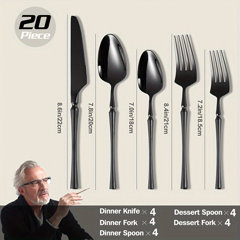 20pcs Silverware Set, Stainless Steel Flatware Utensils Cutlery Set Including Steak Knife Fork And Spoon, Dishwasher Safe (black)