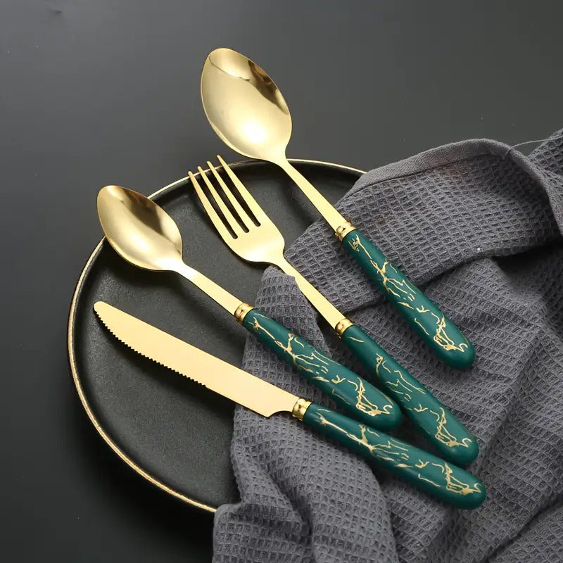 [Ideal Gift] 24pcs Stainless Steel Flatware Set with Steak Knife Holder - Elegant Modern Nordic Dark Green - Heavy Duty 304 Stainless Steel, Durable and Smooth Surface, Ideal Gift Box for Home and Hotel Dining - Complete Cutl
