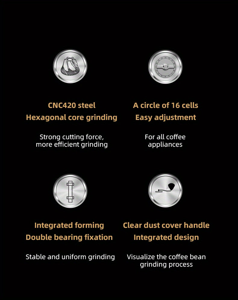 Bincoo Phantom Series Manual Coffee Grinder Featuring 6 Star Steel Burrs, a Portable Hand Crank Mill with Adjustable Grind Settings Suitable for Espresso, Pour Over, French Press, And Drip Coffee, Ideal for Home, Travel, Camp