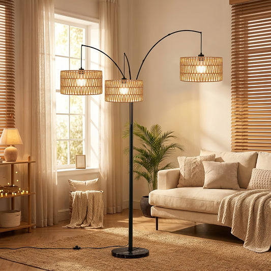 Arc Floor Lamps Designed for Living Spaces, Featuring a Farmhouse Boho Style with a Marble Base, Suitable for Bedrooms And Offices. This Tall, Dimmable Lamp Comes with Rattan Lampshades, Perfect for Reading, And Is Available