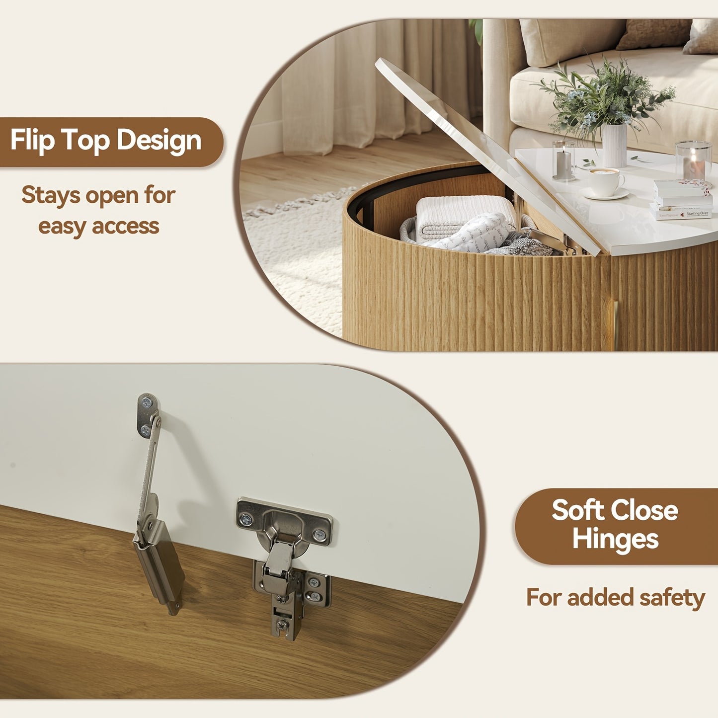 Modern Fluted Drum Coffee Table (31") with Hidden Storage & Sliding Doors – Oak Finish