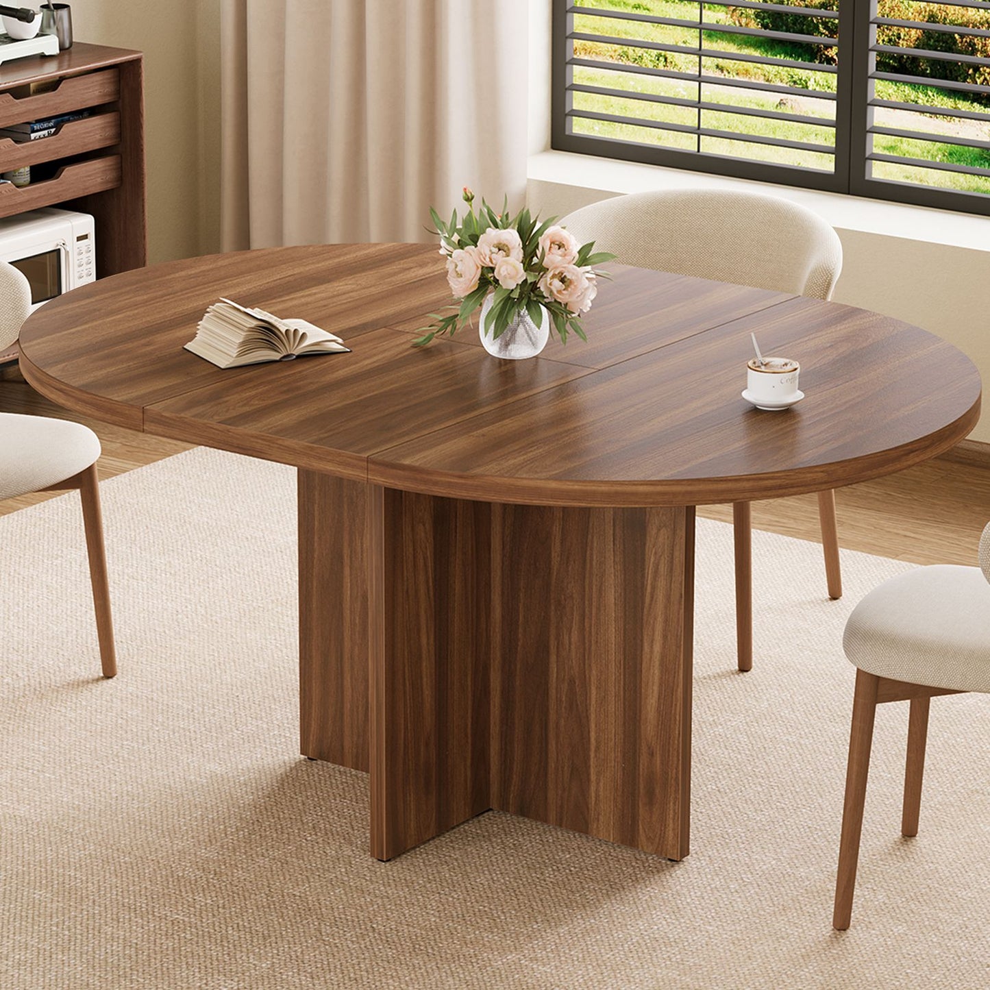 Extendable Round Dining Table – 43.3” to 59” Walnut Space-Saving Kitchen & Dining Table