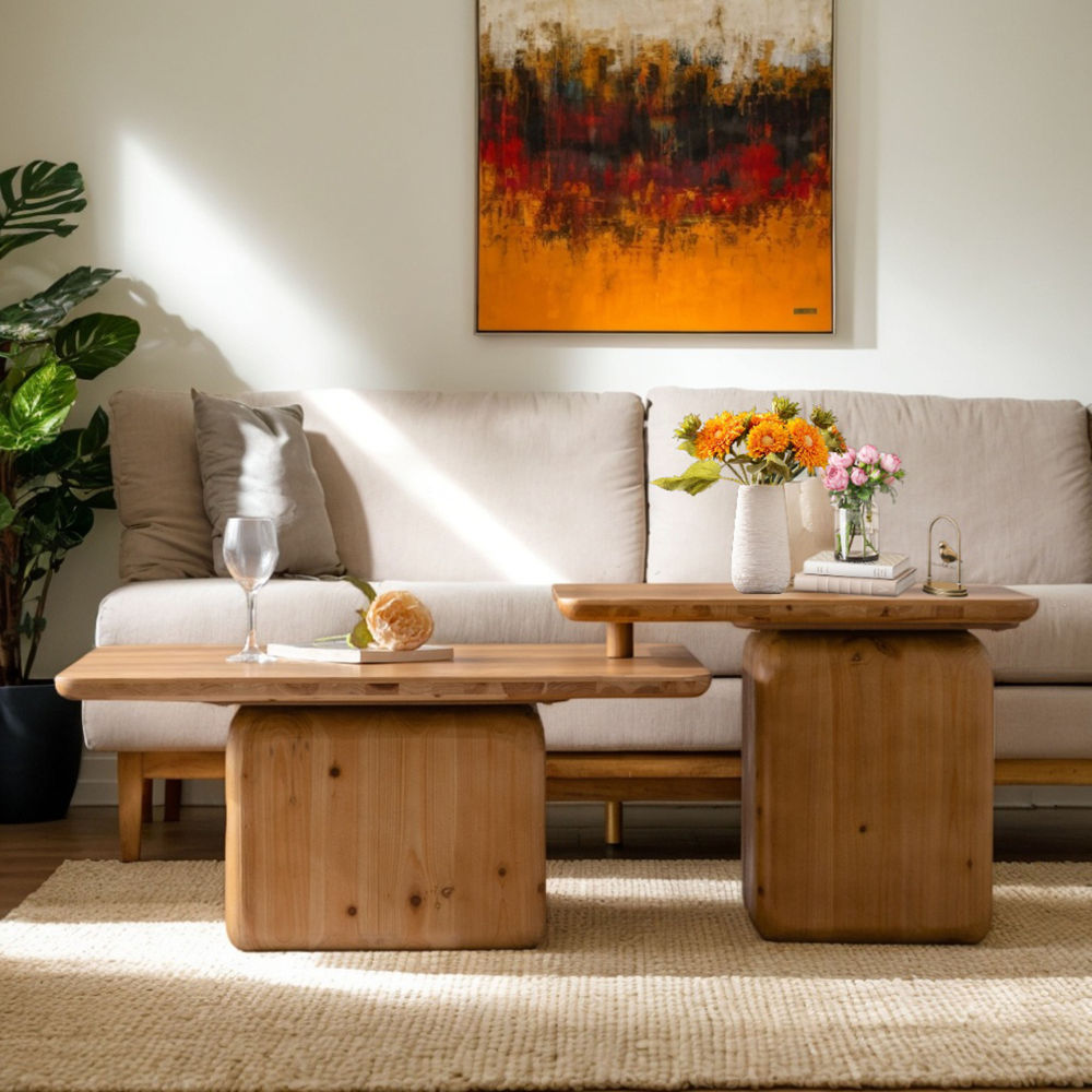 Vintage Wood-Grain Coffee Table Set of 2 – Natural Nesting Tables for Living Room