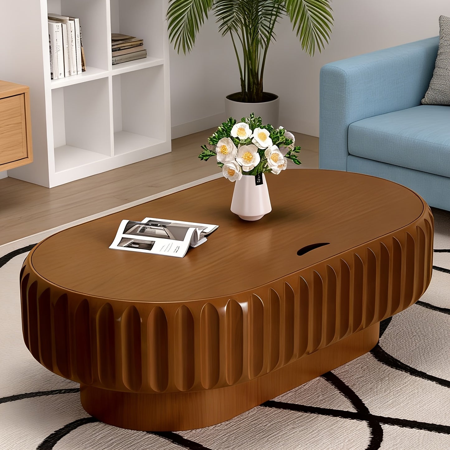 43” Oval Fluted Coffee Table with Storage – Modern Low Drum Center Table