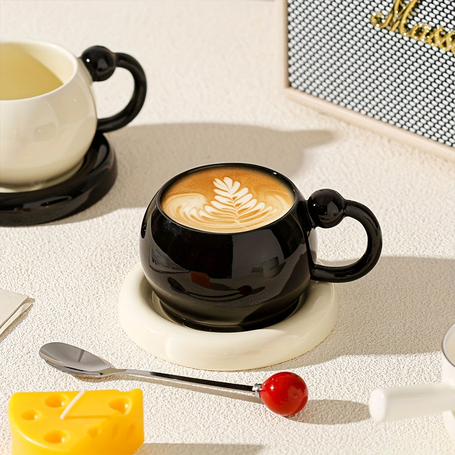 [Ceramic Mug Set] 2-Pack Black and White Ceramic Coffee Mug and Saucer Set | 6 oz Modern Minimalist Design, Durable Dishwasher Safe, Perfect for Home Kitchen, Cafe Use, Afternoon Tea, and Elegant Photo Props - FARIDABIO