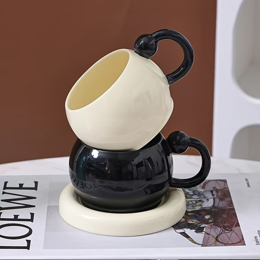 [Ceramic Mug Set] 2-Pack Black and White Ceramic Coffee Mug and Saucer Set | 6 oz Modern Minimalist Design, Durable Dishwasher Safe, Perfect for Home Kitchen, Cafe Use, Afternoon Tea, and Elegant Photo Props - FARIDABIO