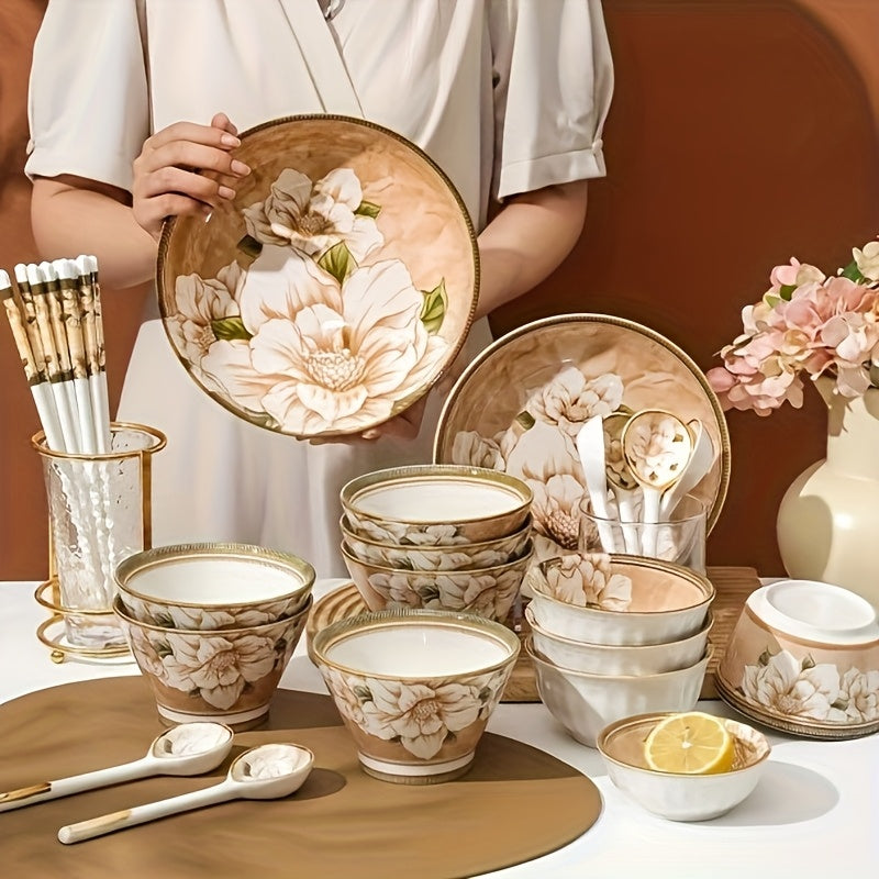Camellia Pattern Ceramic Dinnerware Set – Light Luxury Tableware (16 / 33 / 43 Pieces)