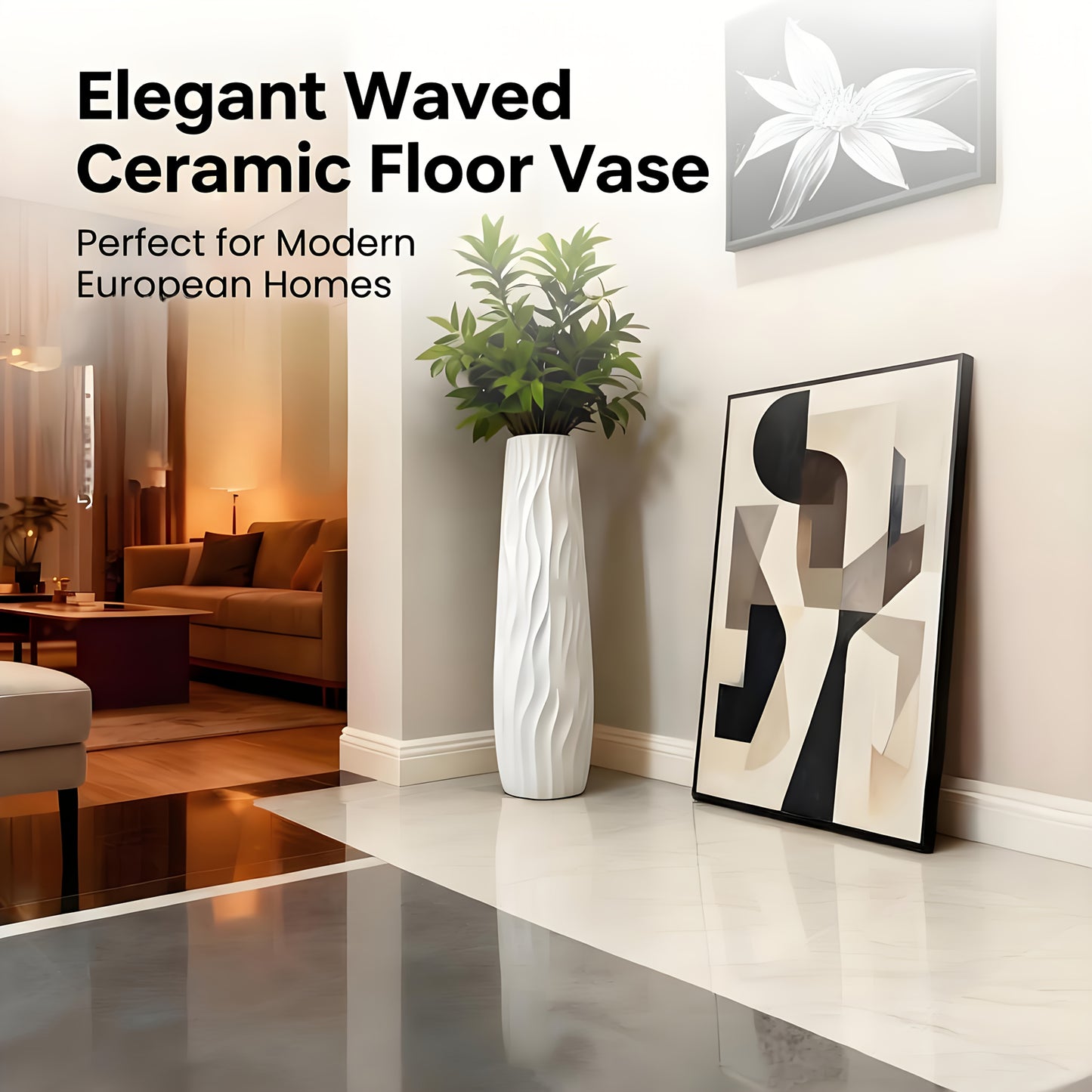 Large Durable Plastic Floor/cabinet Vase, 22.83inch High: Features a European Minimalist Modern Geometric Textured Cylinder Design, Available in White, Black, and Gray. Suitable for Hydroponic and Dried Flower Arrangements, L