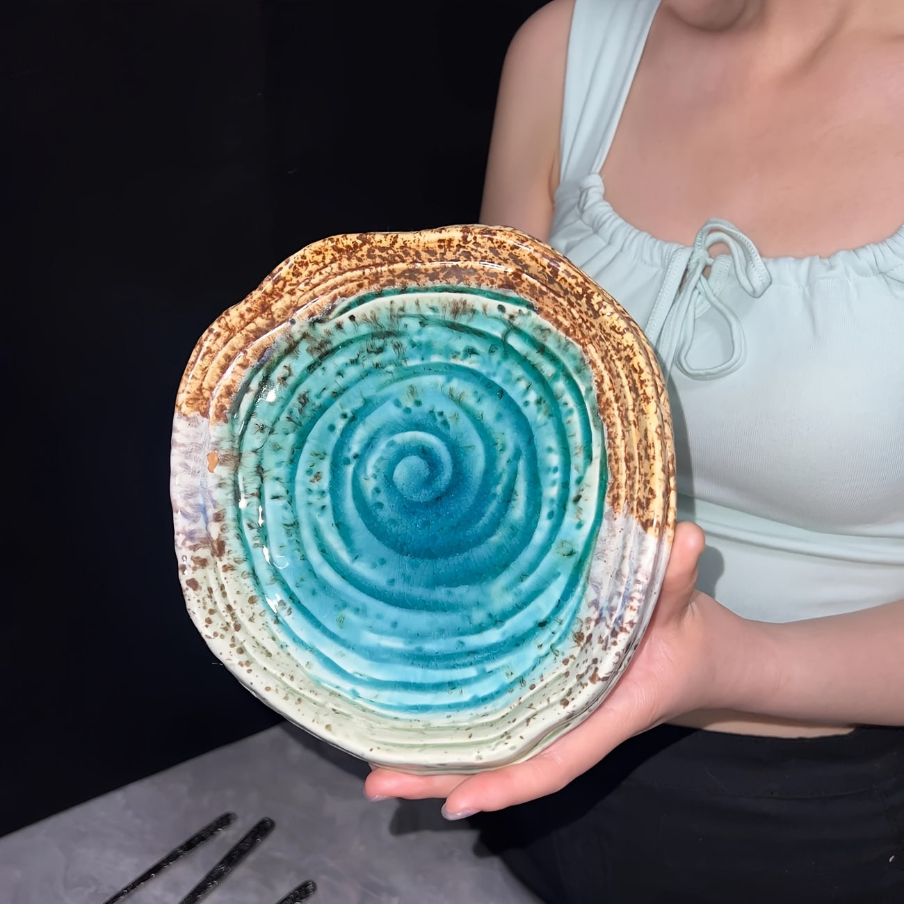 Handmade Irregular Ceramic Plate Set (2-Piece, 7") – Spiral Texture Serving Plates