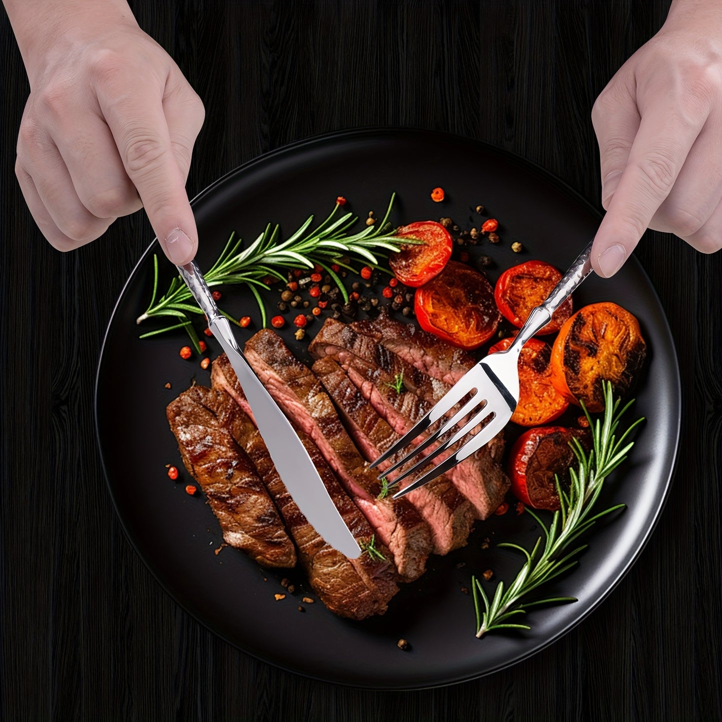 20pcs Silvery Stainless Steel Flatware Set with Hammered Handles, 4/6-Person Service, Includes Knives, Forks And Spoons, Mirror Polished, Dishwasher Safe, Ideal for Family Gatherings