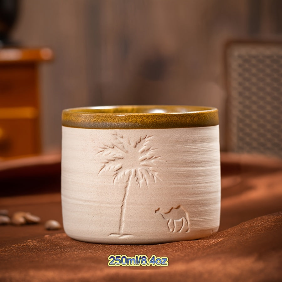 1pc YUMIPLUS Hand-Carved Desert Camel & Arabic Stoneware Coffee Cup - Ceramic Espresso, Tea, and Hot Beverage Vessel Suitable for Latte, Cappuccino, Cocoa - Middle Eastern