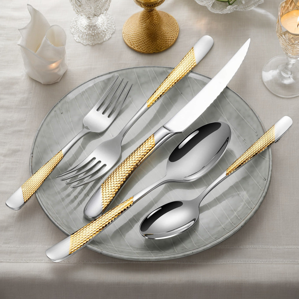 Hammered Modern Golden/Silvery Silverware Set, 40pcs Cutlery Set for 8, Stainless Steel Flatware Set for Home, Kitchen, Restaurant and Hotel, Mirror Polished Silverware Set, Dishwasher Safe
