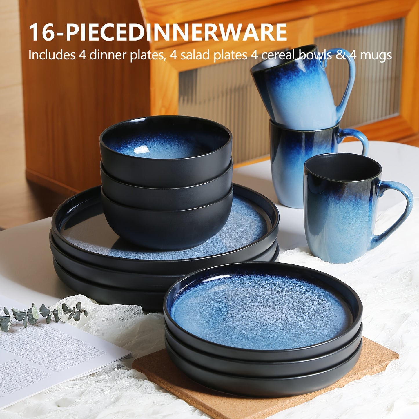 Blue Striped Reactive Glaze Dinnerware Set (16-Piece Ceramic Stoneware)