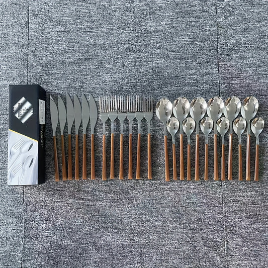 24pcs Stainless Steel Cutlery Set • Vintage Style • Mirror Polish • Wood-grain Handle • 6-person Dining Set • Suitable for Weddings, Housewarming Celebrations, and Other Occasions • Tableware • Kitchenware • G