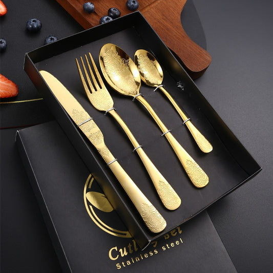 Stainless Steel Western Tableware | Four Main Pieces Steak Knife, Fork, Spoon Thickened Gift Set - 304 Stainless Steel