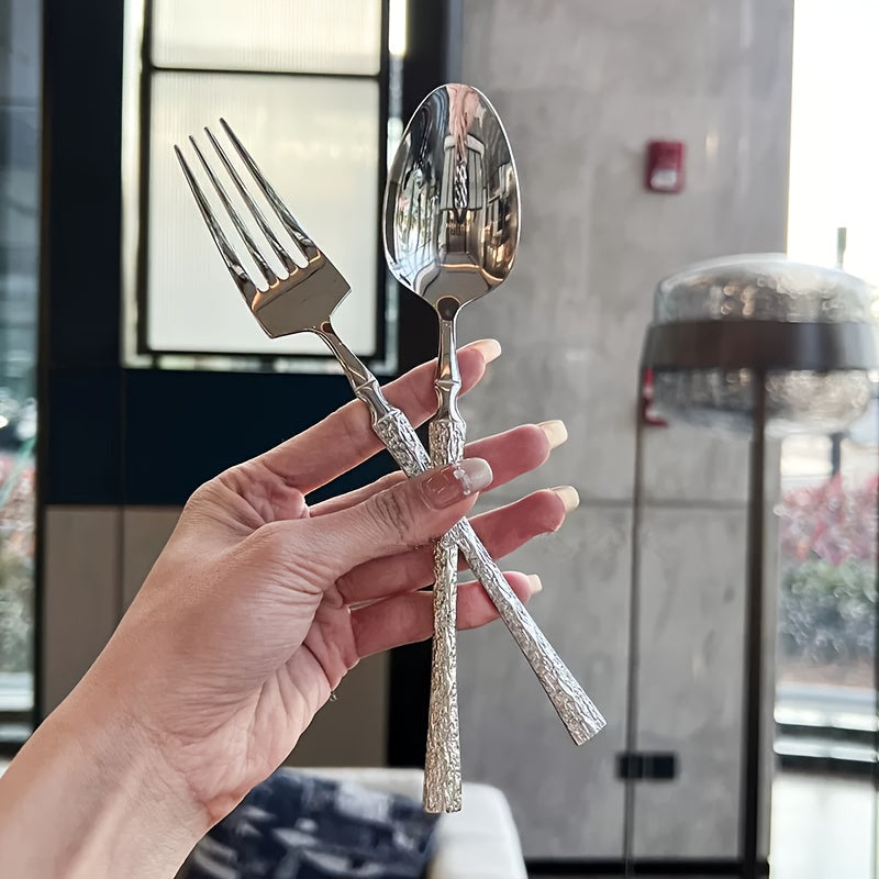 4/16/24pcs Stainless Steel Flatware Set with Vertical Pattern Handles, High-Quality Knives, Forks, and Spoons for Weddings, Hotels, Restaurants, and Holidays