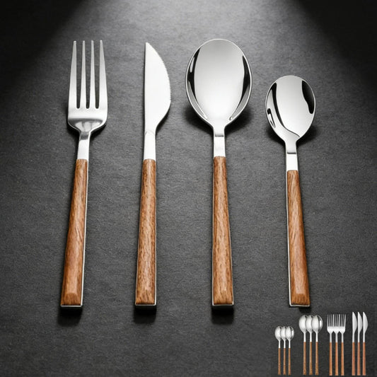 Stainless Steel Flatware Set for 4, Mirror Polished and Dishwasher Safe, Cutlery Utensils Set with Simulated Wooden Handle Include Knives Forks Spoons Service for 4(Silvery), Cutlery Sets for Dining
