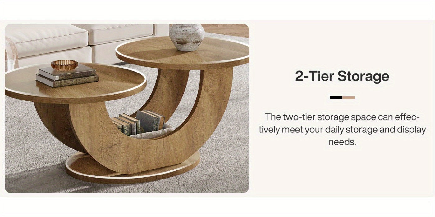 2-Tier Round Farmhouse Coffee Table – Natural Wood Accent Center Table