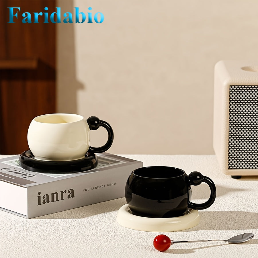 [Ceramic Mug Set] 2-Pack Black and White Ceramic Coffee Mug and Saucer Set | 6 oz Modern Minimalist Design, Durable Dishwasher Safe, Perfect for Home Kitchen, Cafe Use, Afternoon Tea, and Elegant Photo Props - FARIDABIO