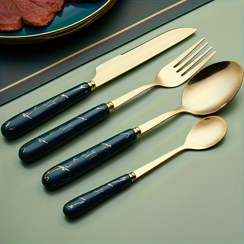 [Ideal Gift] 24pcs Stainless Steel Flatware Set with Steak Knife Holder - Elegant Modern Nordic Dark Green - Heavy Duty 304 Stainless Steel, Durable and Smooth Surface, Ideal Gift Box for Home and Hotel Dining - Complete Cutl