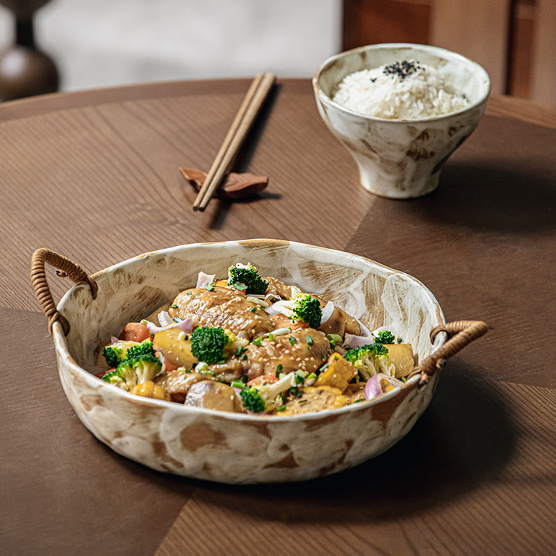 Handmade Rustic Pottery Bowl with Handles – Retro Deep Plate & Serving Bowl