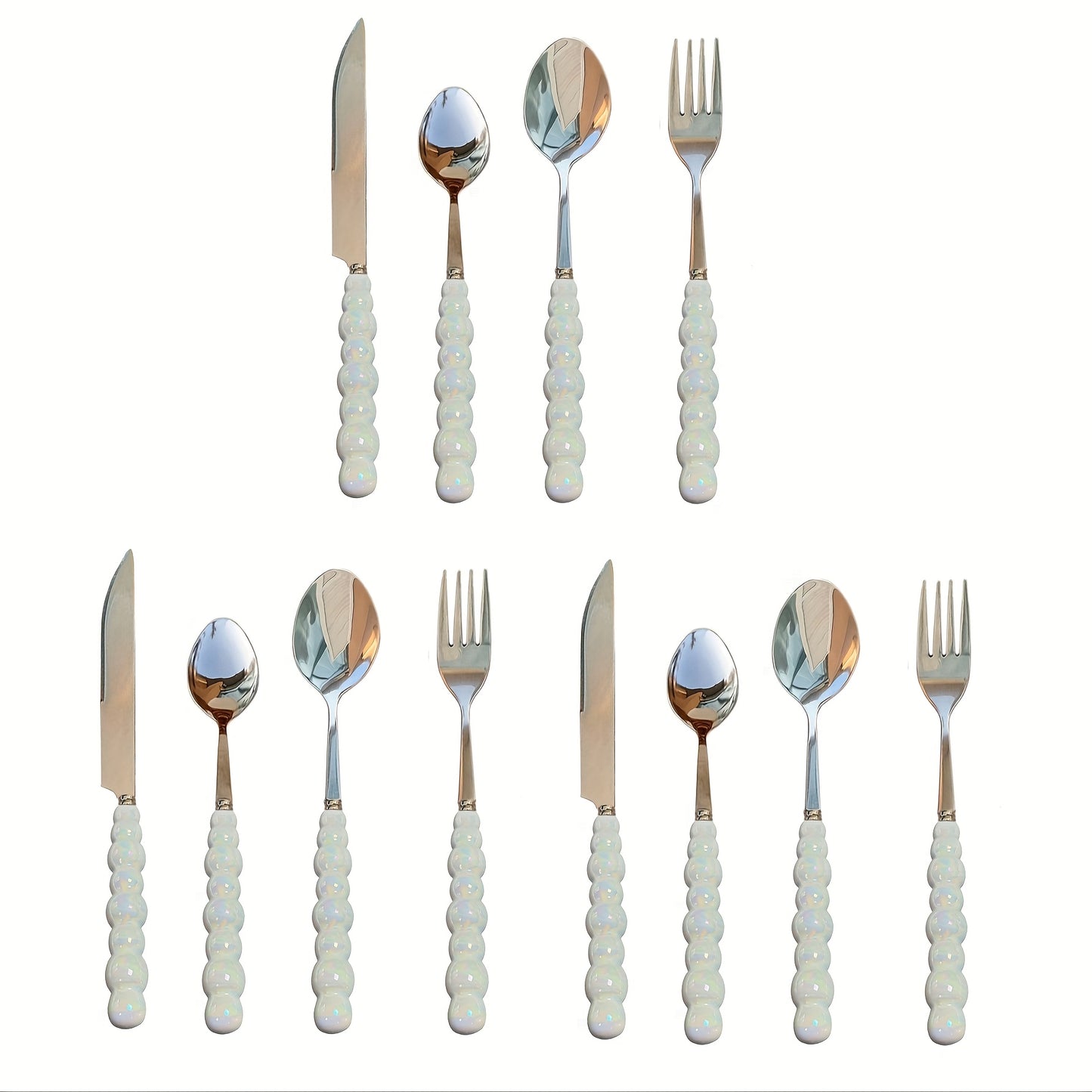 3/4/9/12 Beautiful Pearl-Shaped Stainless Steel Cutlery Sets with Ceramic Handle Table Knives, Dessert Spoons, Forks, and Spoons - Elegant Kitchen Tools and Accessories Perfect for Daily Family Dining, Birthday Parties, and H