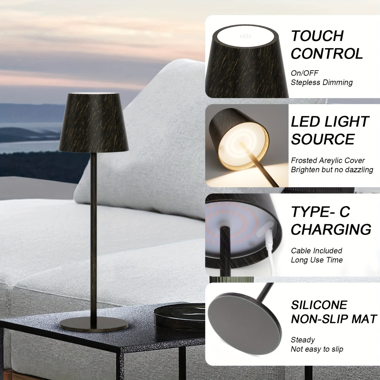 2pcs Rechargeable LED Cordless Table Lamp, 5000mAh Battery Powered Portable Desk Lamp, Outdoor Camping Lamp 3W Dining Table Lamps, Stepless Dimmable Battery Lamp for Restaurant/ Camping Lighting (Off White/ Black/ White/ Gold