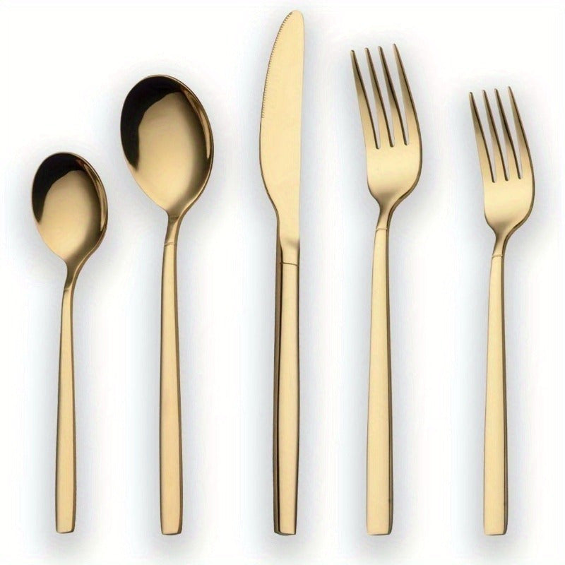 Golden 20pcs Titanium Gold Plated Stainless Steel Flatware Set, 20pcs Golden Silverware Set, Golden Cutlery Set, Elegant Stainless Steel Knife and Fork Spoon, Dishwasher Safe, Service for 4 (shiny Gold)