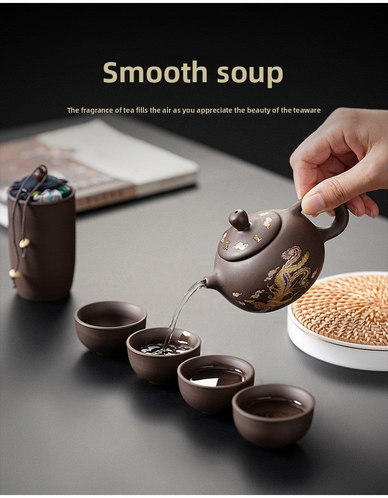 Portable Chinese Ceramic Purple Clay Tea & Coffee Set - One Pot & 4 Cups Travel Tea Suitable for, Camping, Office, Gift for, - Ceramic Tea Set with Storage Bag, Coffee/ Tea Cups