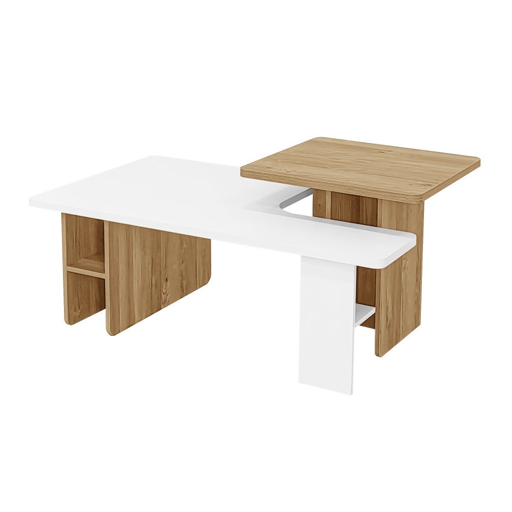 Nesting Coffee Table Set of 2 – White Beige Wood-Grain Round Tables