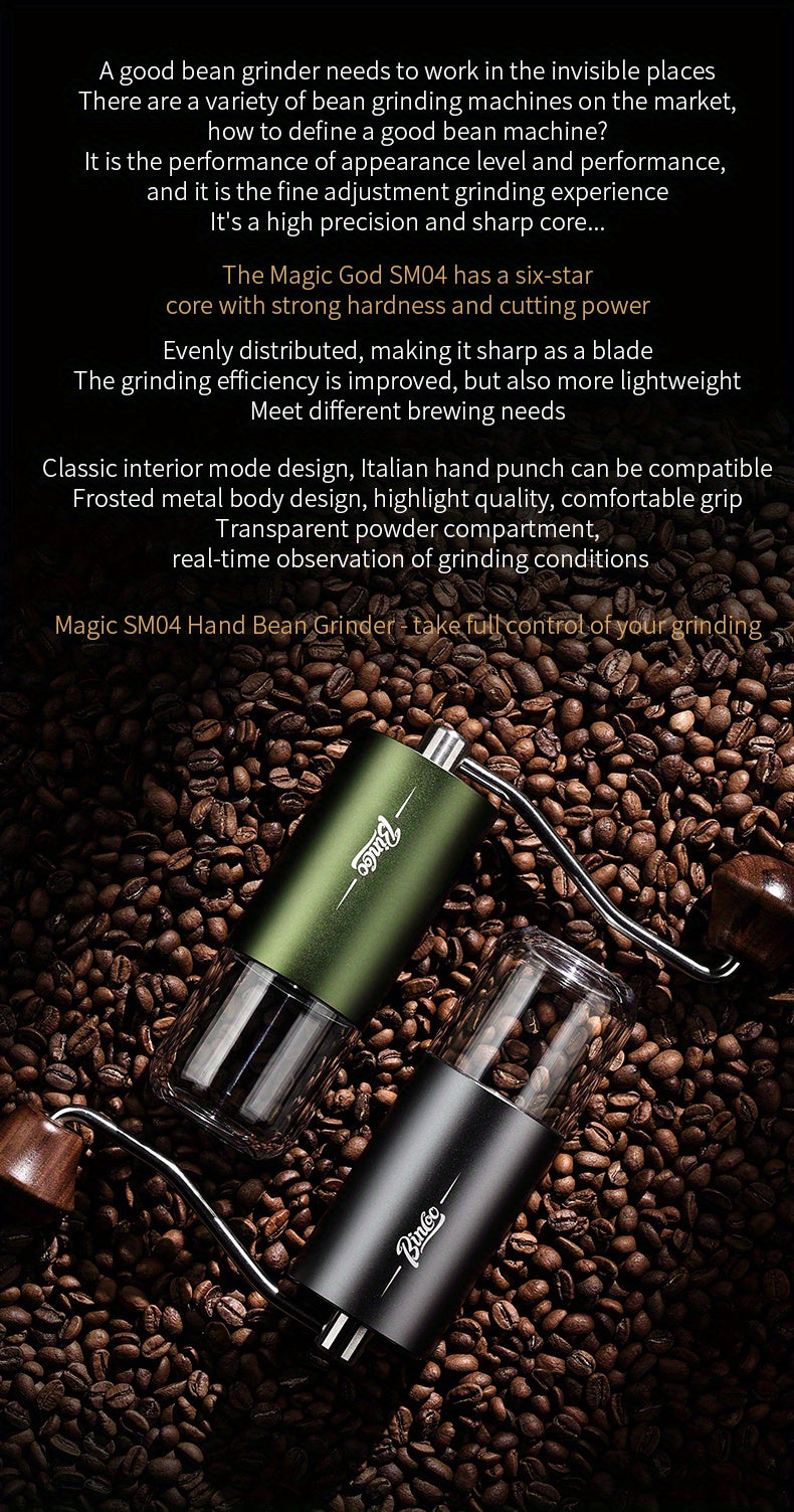 Bincoo Phantom Series Manual Coffee Grinder Featuring 6 Star Steel Burrs, a Portable Hand Crank Mill with Adjustable Grind Settings Suitable for Espresso, Pour Over, French Press, And Drip Coffee, Ideal for Home, Travel, Camp