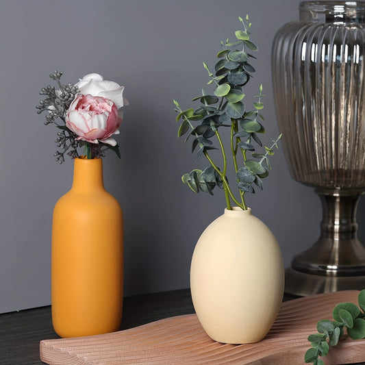 Set of 4 Ceramic Vases in Black, Yellow, Blue, And Beige Colors, Featuring a Minimalist Design Suitable for Rustic Home Decor, Modern Farmhouse Styling, Living Room Accents, Shelf Decor, Table Settings, Bookshelves, Fireplace