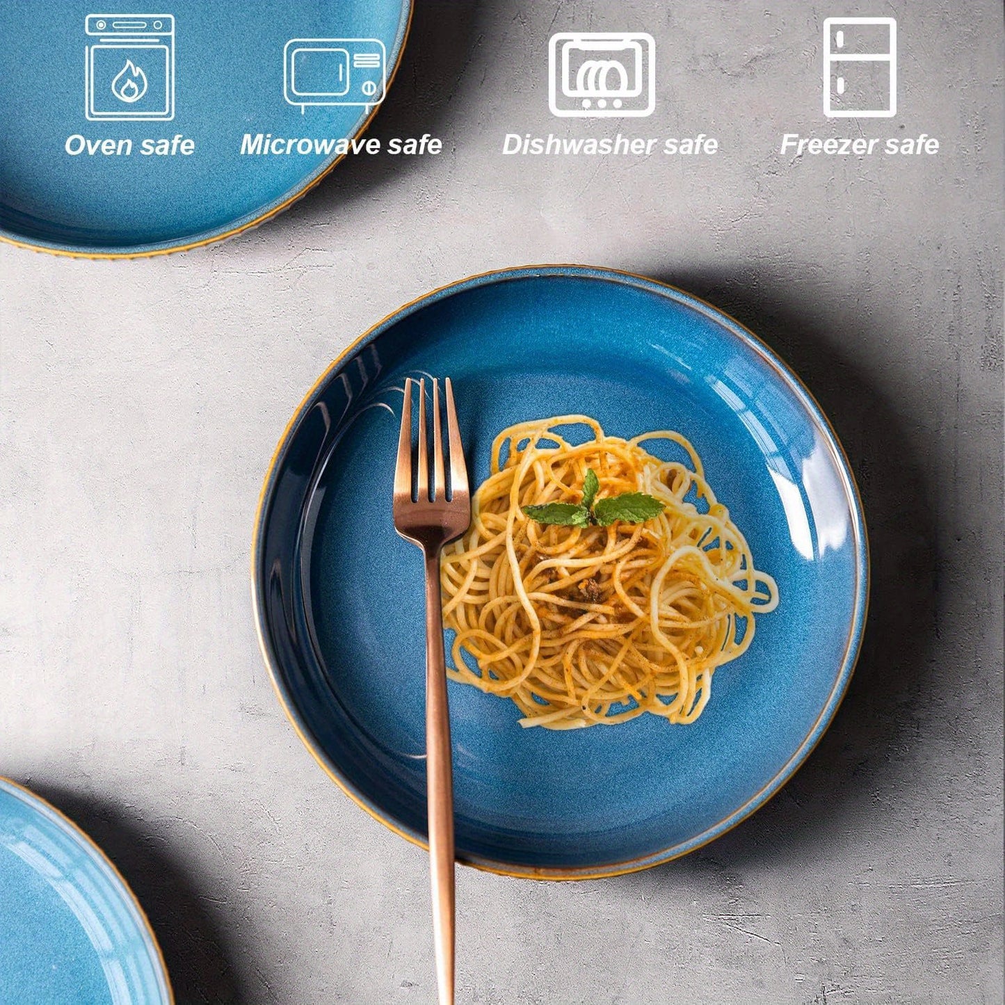 Blue Porcelain Deep Plate Set (4-Piece, 8.5") – Salad & Dinner Plates, Microwave Safe