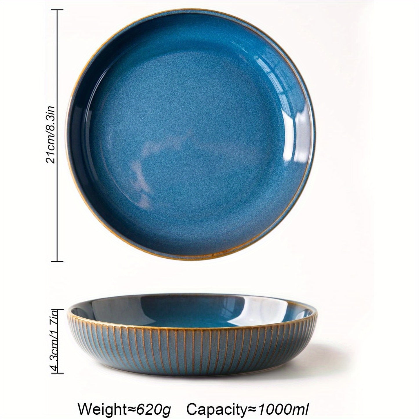 Blue Porcelain Deep Plate Set (4-Piece, 8.5") – Salad & Dinner Plates, Microwave Safe