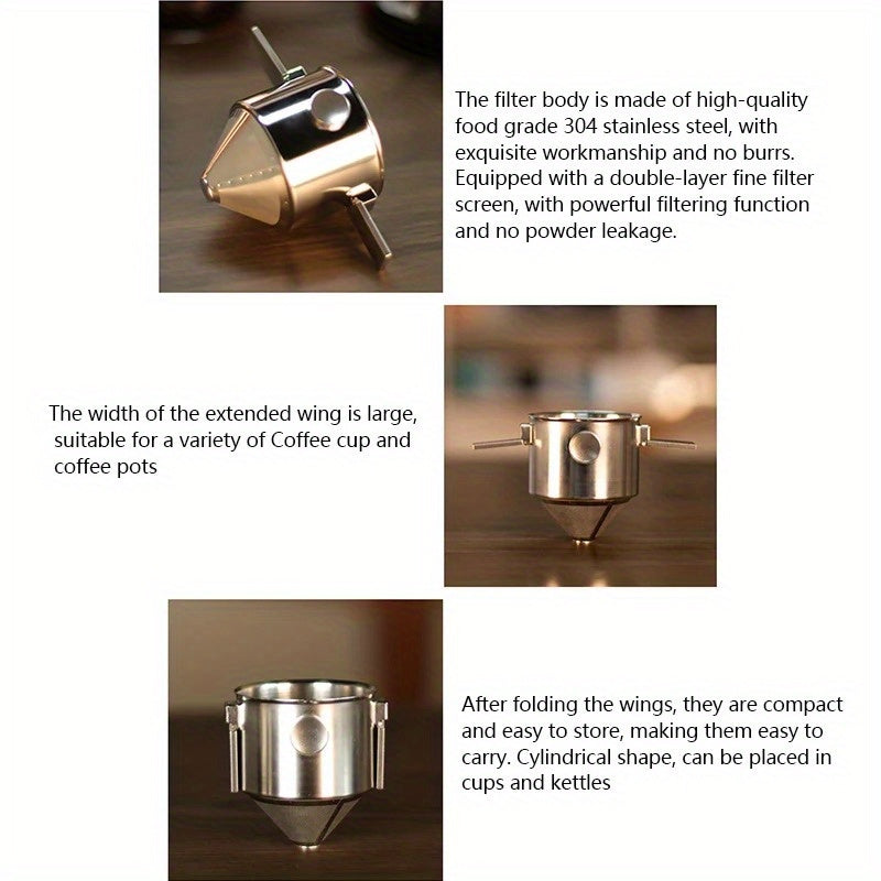 304 Stainless Steel Hanging Ear Coffee Filter Cup with Hand Flush System - Portable, Reusable, No Paper Filters Needed, Compact & Durable Design with Hanging Loop for Travel, Camping, Home & Office - Easy-Clean Coffee Maker A