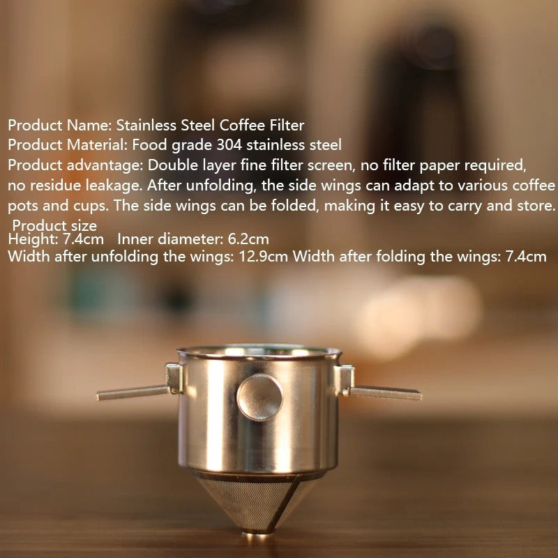 304 Stainless Steel Hanging Ear Coffee Filter Cup with Hand Flush System - Portable, Reusable, No Paper Filters Needed, Compact & Durable Design with Hanging Loop for Travel, Camping, Home & Office - Easy-Clean Coffee Maker A