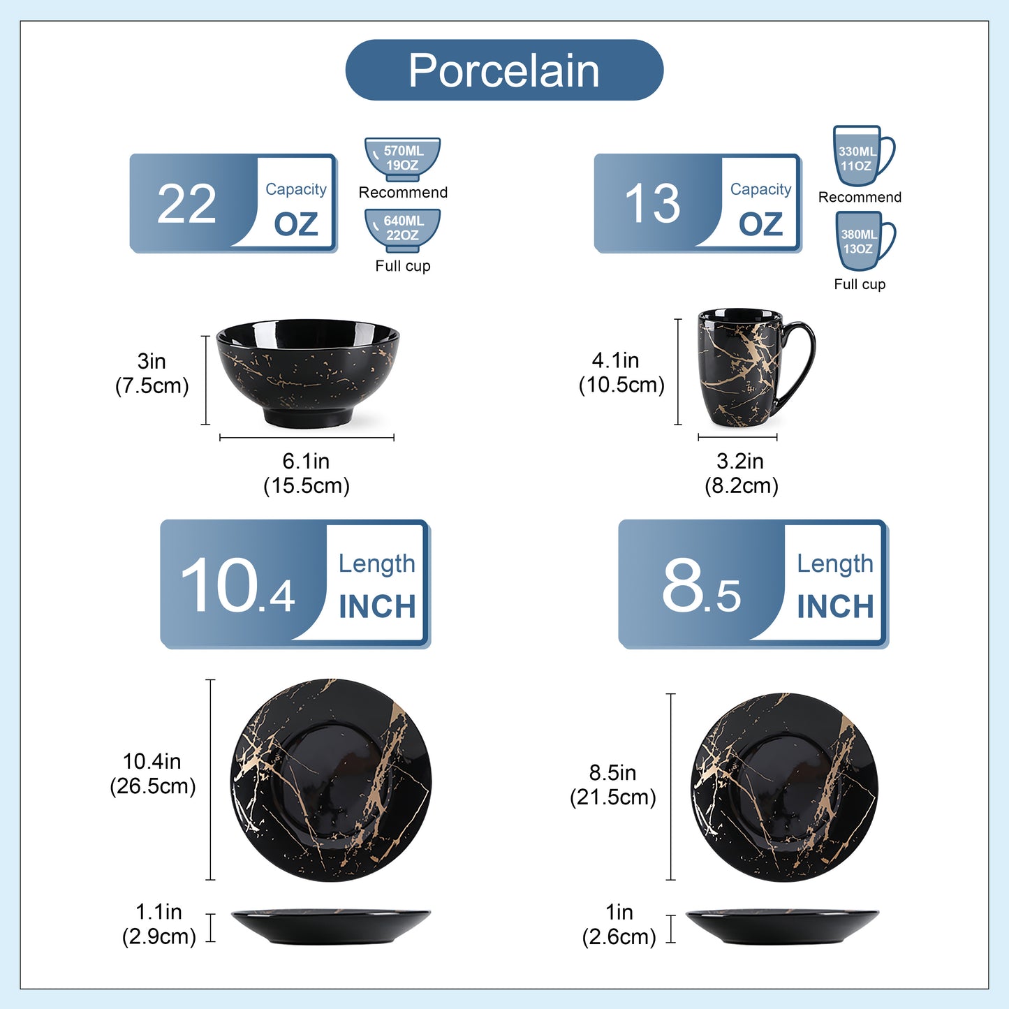 Porcelain Glazed Dinnerware Set (16-Piece) – Plates, Bowls & Mugs for 4