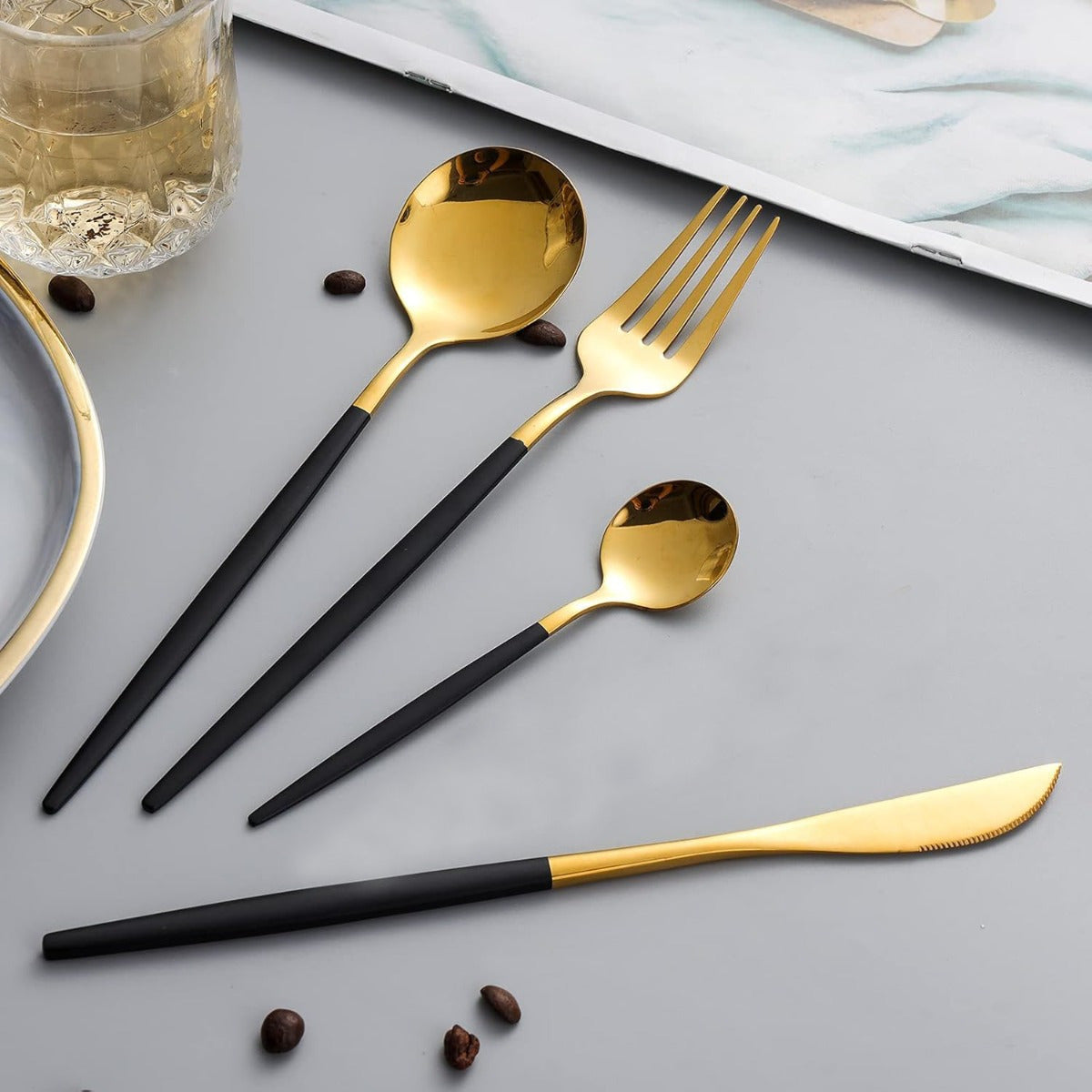 Black Golden Flatware, Royal 24 Piece Matte Black Handle 18/ 10 Stainless Steel Tableware Sets for 6 Including Forks Spoons Knives, Camping Silverware Travel Utensils Set Cutlery (Black Gold)