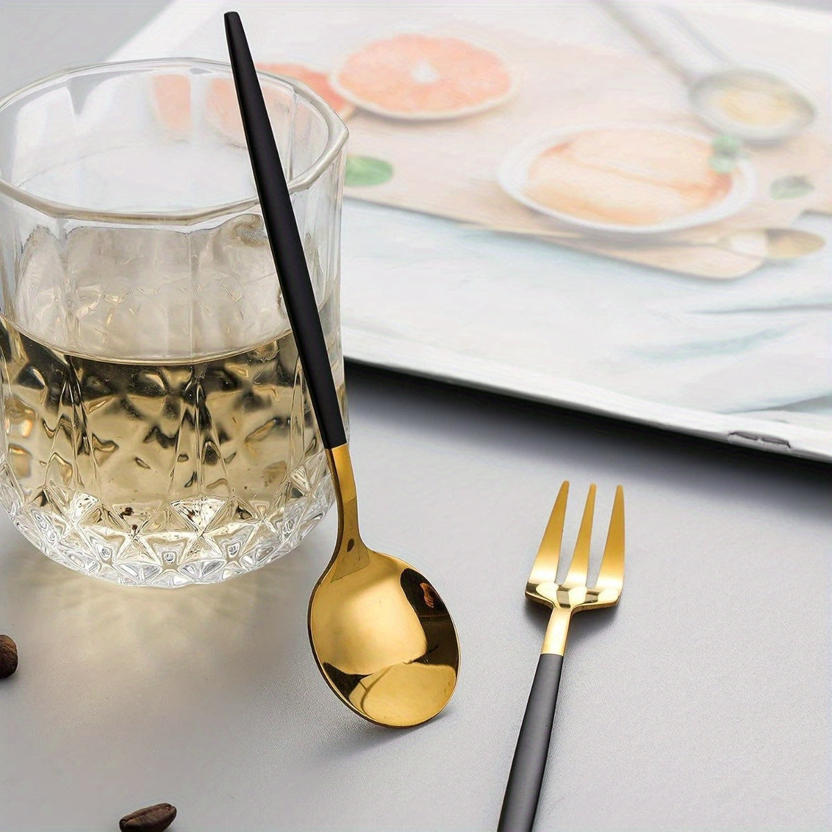 Black Golden Flatware, Royal 24 Piece Matte Black Handle 18/ 10 Stainless Steel Tableware Sets for 6 Including Forks Spoons Knives, Camping Silverware Travel Utensils Set Cutlery (Black Gold)