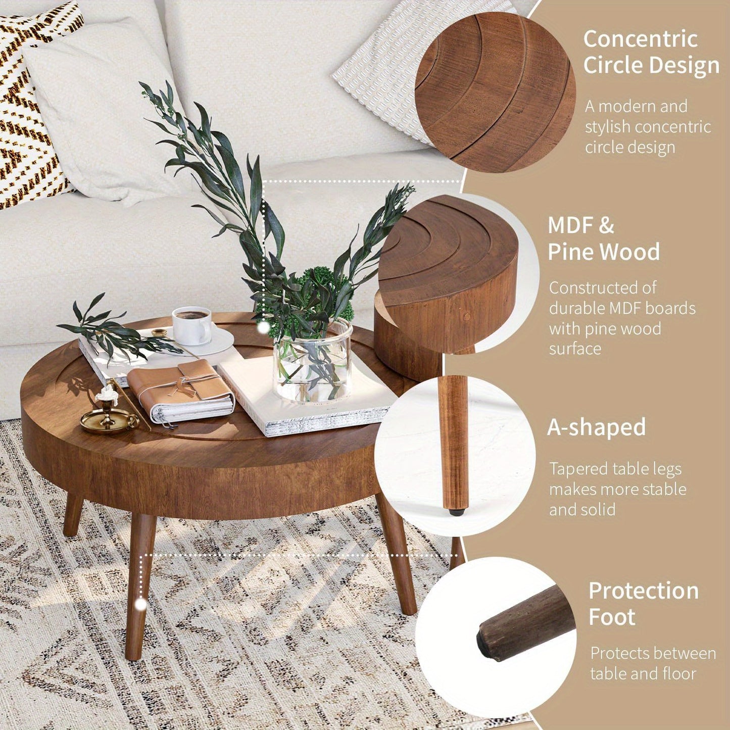 Round Nesting Coffee Table Set (2-Piece) – 31.5” & 21.8” Modern Side Tables
