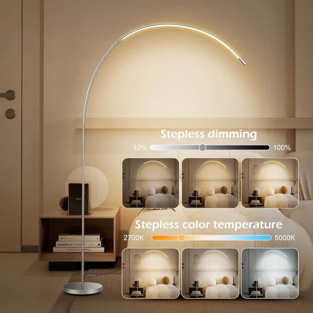 MERXENG Modern LED Arc Floor Lamp - 3 Color Temperatures, Stepless Dimming, Sleek Metal Design, Ideal for Living Room, Bedroom, Office - White/Lead Gray, Lamps for Living Room