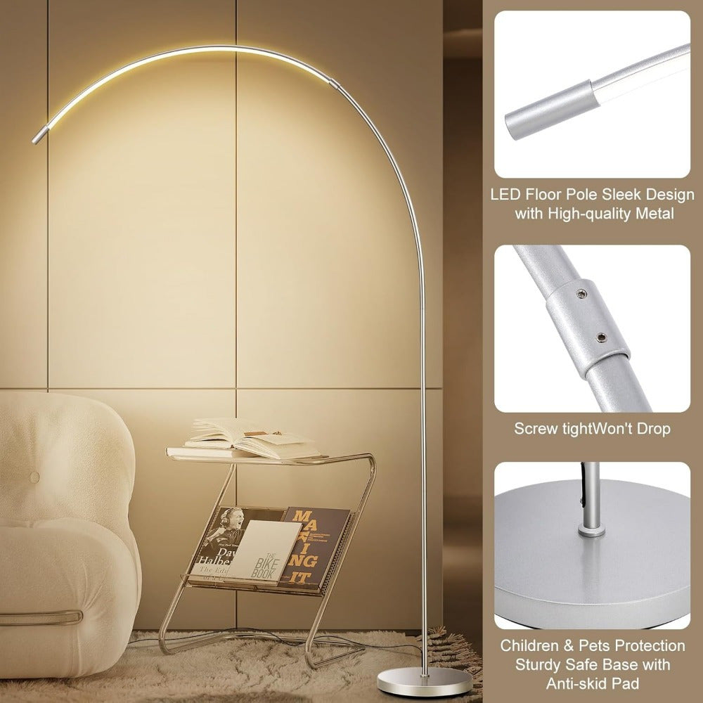 MERXENG Modern LED Arc Floor Lamp - 3 Color Temperatures, Stepless Dimming, Sleek Metal Design, Ideal for Living Room, Bedroom, Office - White/Lead Gray, Lamps for Living Room