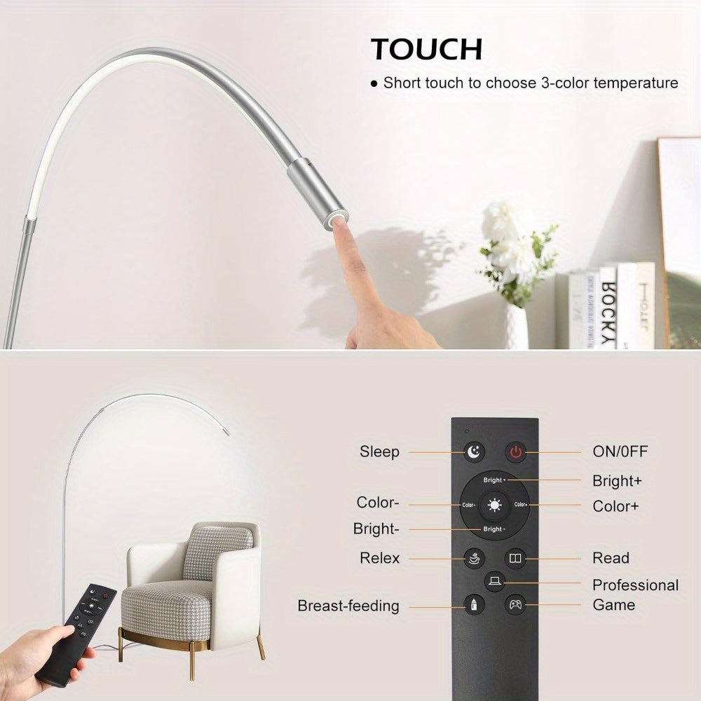 MERXENG Modern LED Arc Floor Lamp - 3 Color Temperatures, Stepless Dimming, Sleek Metal Design, Ideal for Living Room, Bedroom, Office - White/Lead Gray, Lamps for Living Room