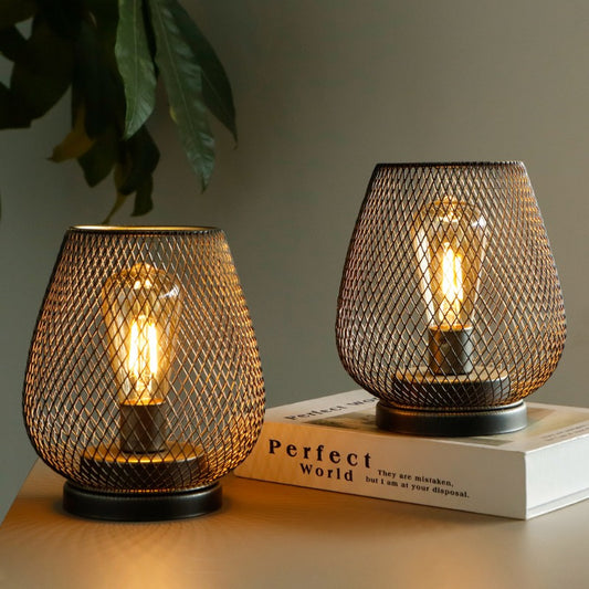 TRIROCKS Set of 2 Medium Battery Powered Outdoor Lantern 6.5'' High Metal Table Lamp Cordless Battery Operated Lamps with LED Edison Bulb for Home Wedding Parties Patio Events Indoors Outdoors (Brown)