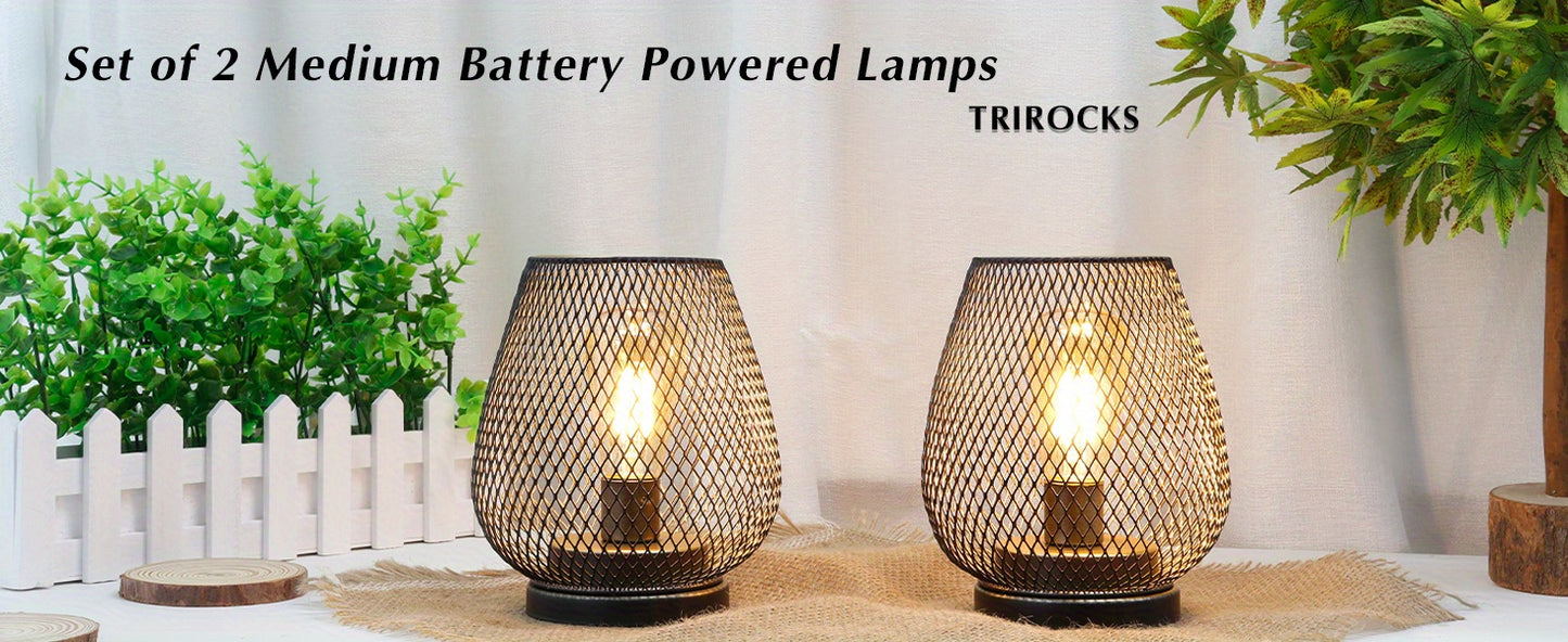 TRIROCKS Set of 2 Medium Battery Powered Outdoor Lantern 6.5'' High Metal Table Lamp Cordless Battery Operated Lamps with LED Edison Bulb for Home Wedding Parties Patio Events Indoors Outdoors (Brown)