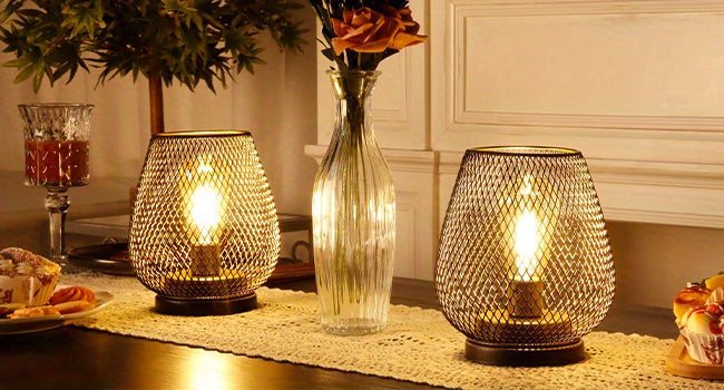 TRIROCKS Set of 2 Medium Battery Powered Outdoor Lantern 6.5'' High Metal Table Lamp Cordless Battery Operated Lamps with LED Edison Bulb for Home Wedding Parties Patio Events Indoors Outdoors (Brown)